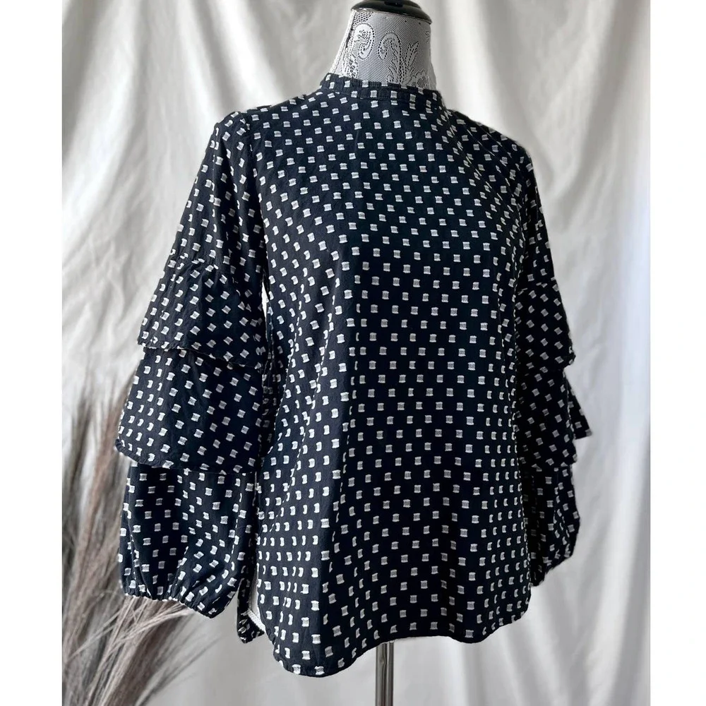 LOFT Petite Black and White Textured Ruffle Sleeve Cotton Blouse - Picture 1 of 7